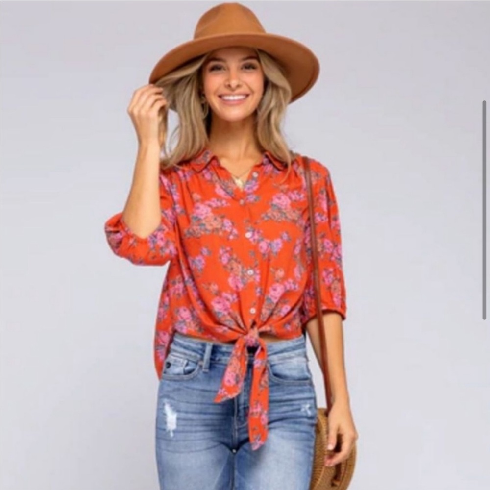 FREE PEOPLE Celia Floral Print Front Tie Blouse